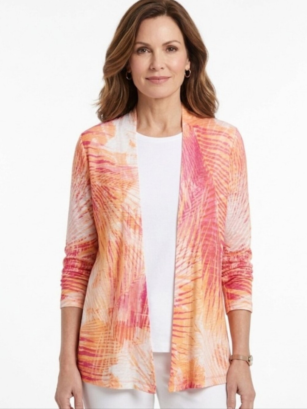 Chico’s 100% Linen Tropical Palm Open Front Cardigan Size 4 XXL Pink Orange